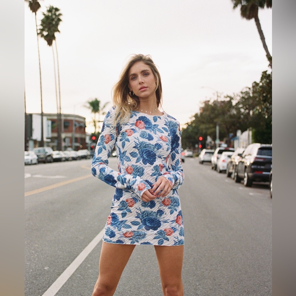 Floral Long-Sleeve Mini Dress in Blue and Pink